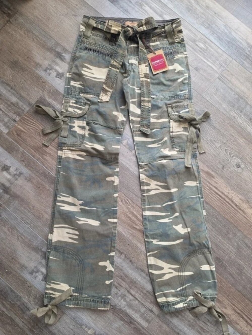NWT Sophie Paris low rise wide leg camo army cargo pants XS-S y2k khaki